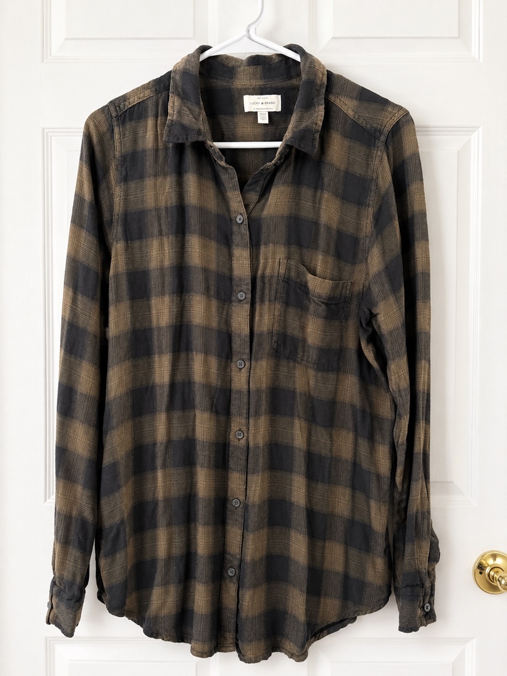 Lucky Brand Olive Green and Charcoal Plaid Button-Up Shirt